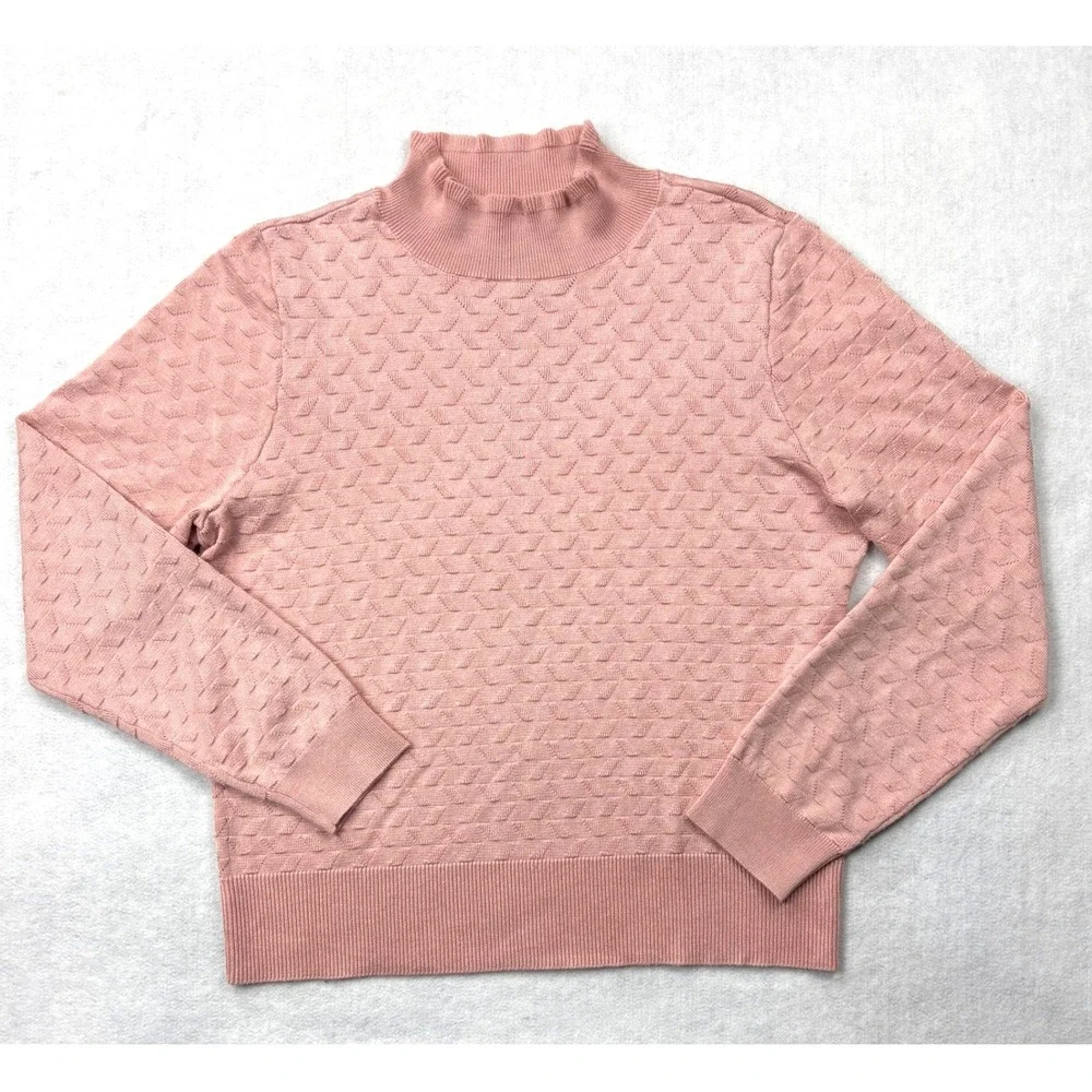 Retrology Pink Textured Knit Mock Neck Ruffle‎ Sweater Large Long Sleeve Top
